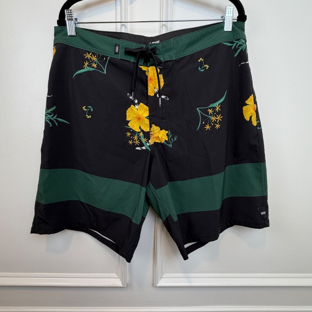 Vans Mens Board Shorts Size 34 Black‎ Green Floral Snake Print Swim Trunks